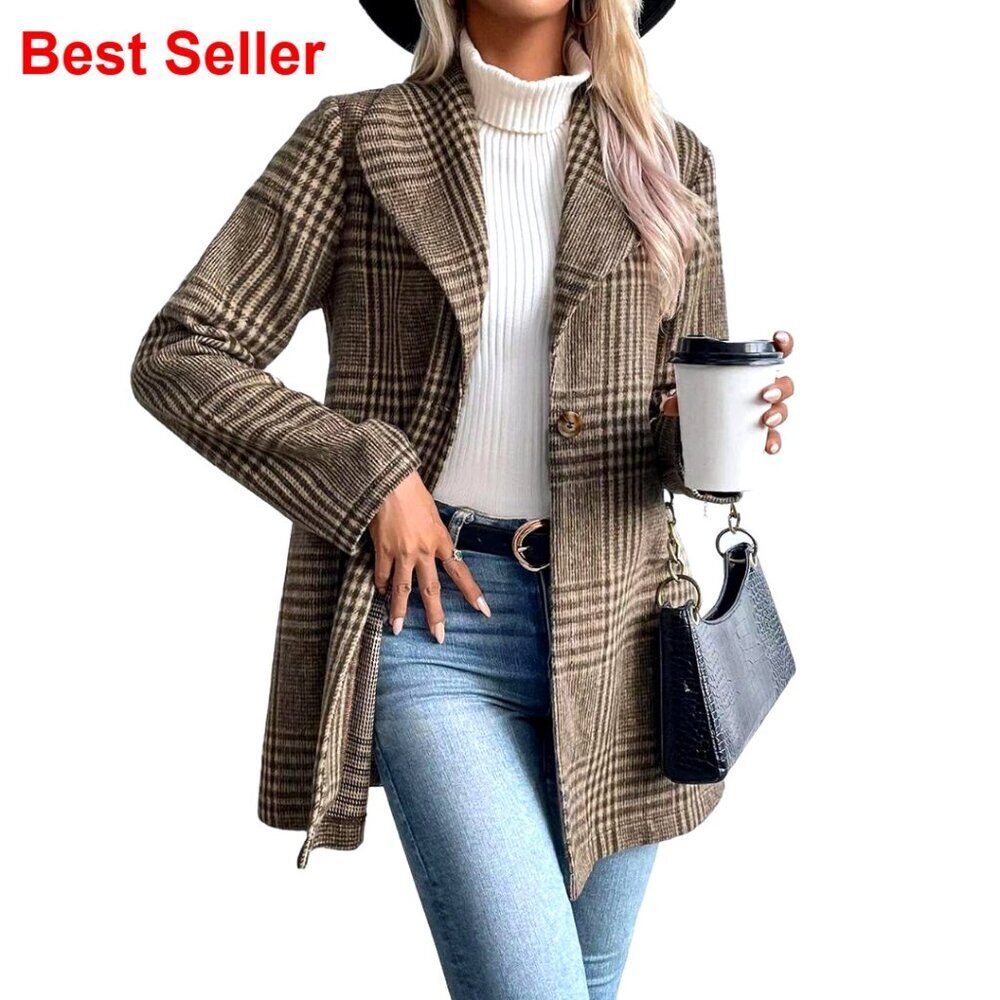 Long Wool Plaid Blazer Trench Coat Fitted Lapel Jacket